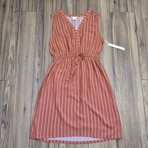 Caslon NWT Rust Orange Striped Sleeveless V-Neck Drawstring Waist Dress M NEW